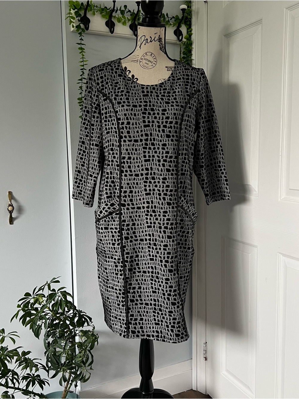 Gray and Black Patterned Midi Dress with Piping Detail